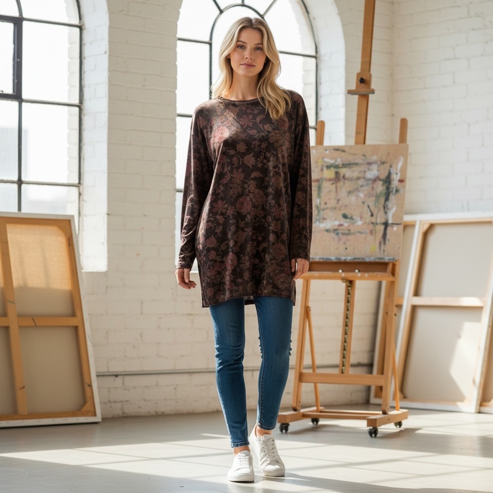 C.C. Outlaw vintage Floral velvet Long Sleeve Tunic Top